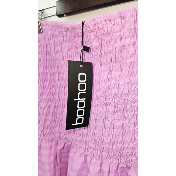 Boohoo Smocked Shirred Mini Skirt Womens Sz 12 Ruffle Purple Lilac Stretch NEW - Picture 4 of 6